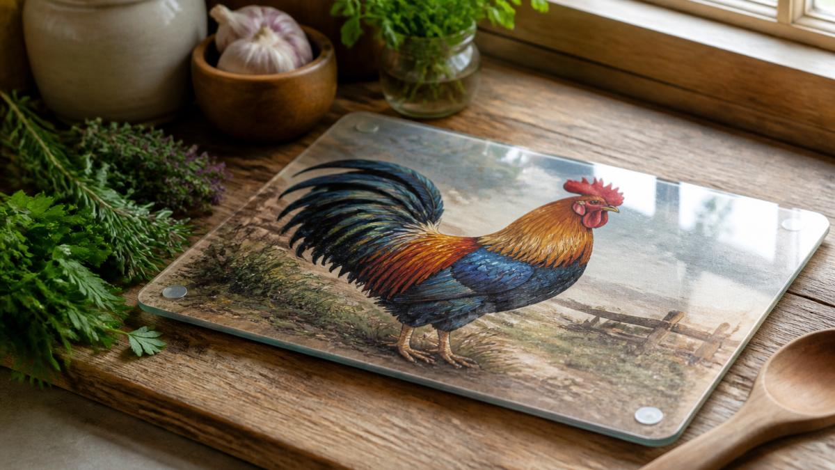 Glass cutting board with a colorful rooster print on a farmhouse counter with fresh herbs and a wooden spoon