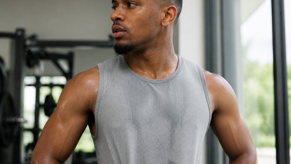 Athlete wearing a lightweight moisture-wicking tank top while training with visible but managed sweat on the fabric