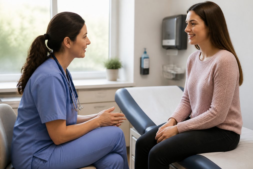 Doctor and patient engaging in attentive gynecological care during a warm, calm consultation in a clinic.