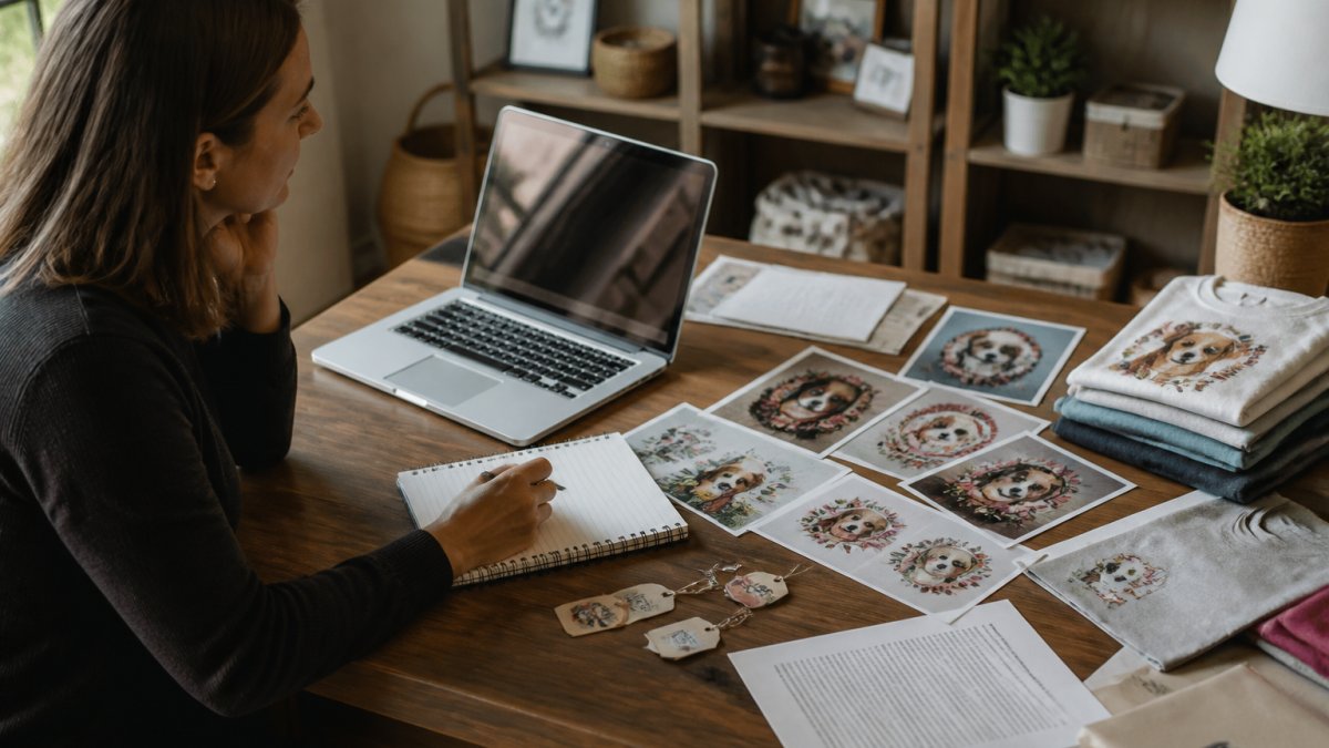 Person sitting at desk with laptop and notebook, examining artist website and social media profiles, with printed product photos and documentation spread out in front