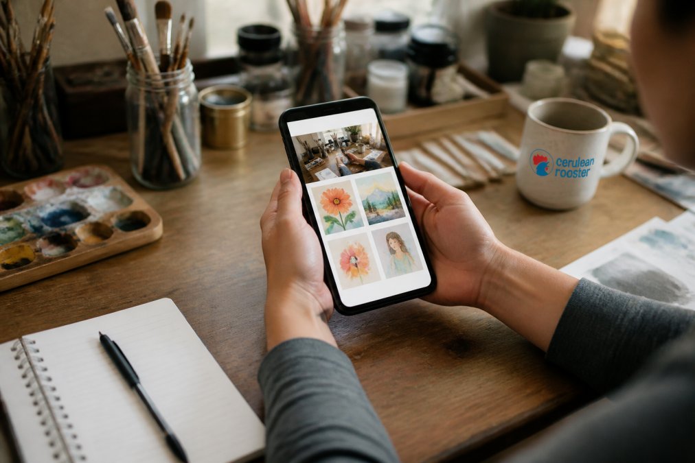 Hands holding a smartphone displaying an artist's portfolio website with original artwork visible, sitting at a wooden desk with a notebook and pen nearby