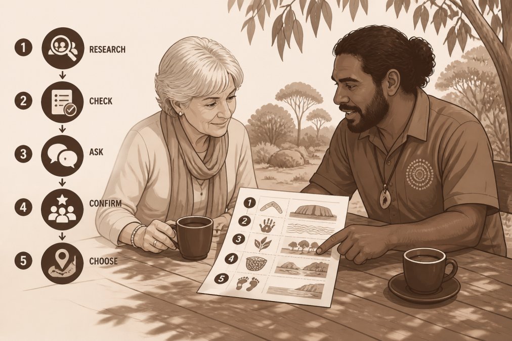 A woman in her early 60s sitting at an outdoor timber table, reviewing a printed tour itinerary with an Aboriginal guide over cups of tea, both leaning in and engaged in relaxed conversation, dappled sunlight through eucalyptus leaves
