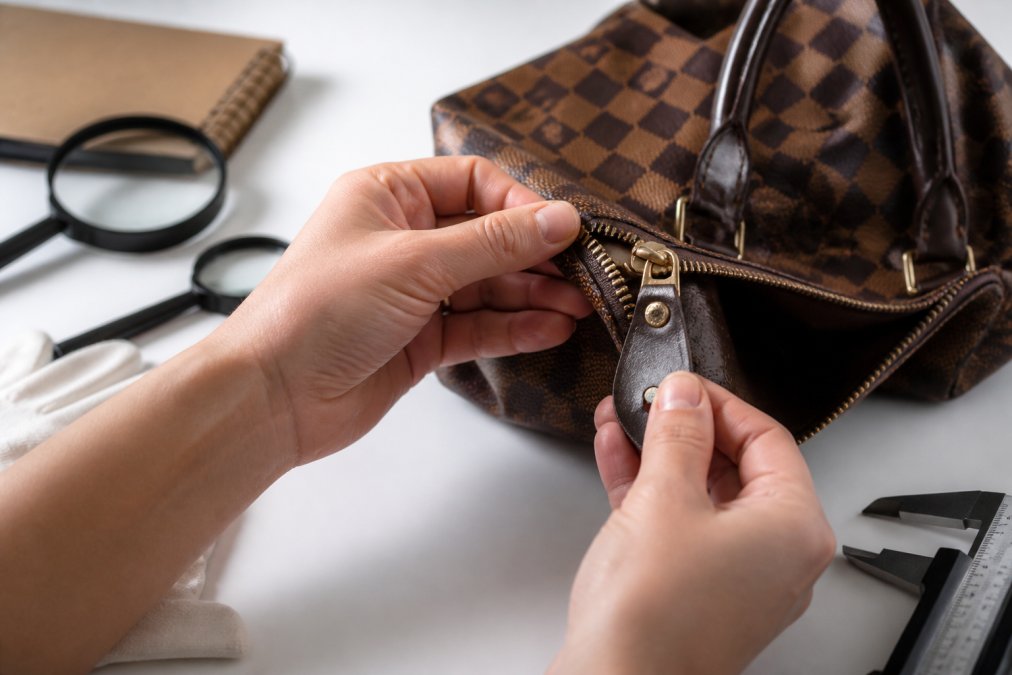 Close-up of hands examining a luxury designer handbag's hardware, stitching details, and authentication tag under bright natural lighting on a white surface