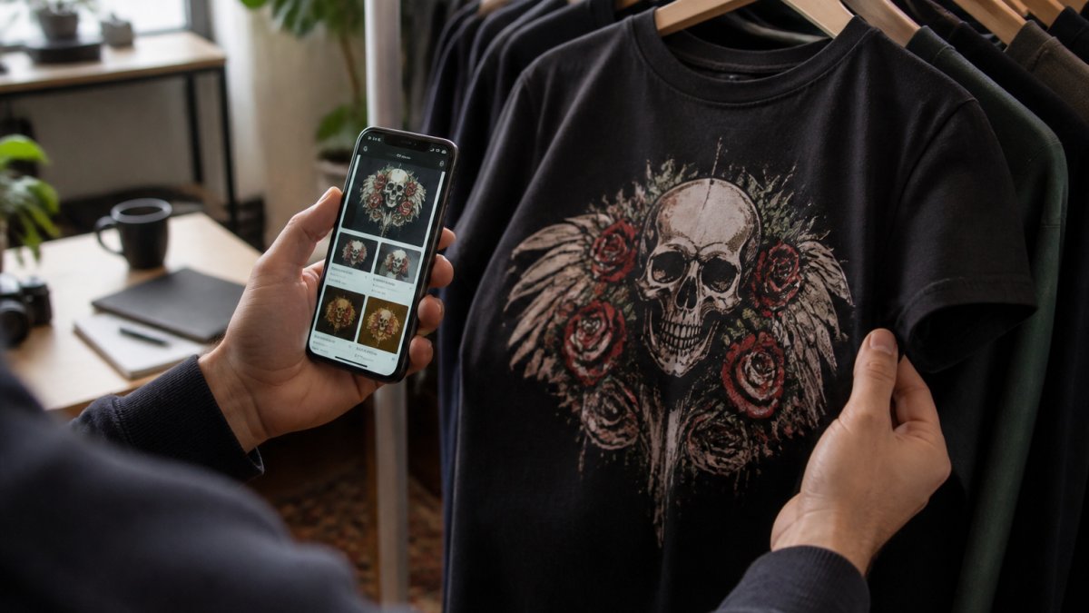A close-up of a person's hands holding a smartphone next to a graphic t-shirt on a clothing rack, with the phone screen showing a reverse image search result, in a bright home setting