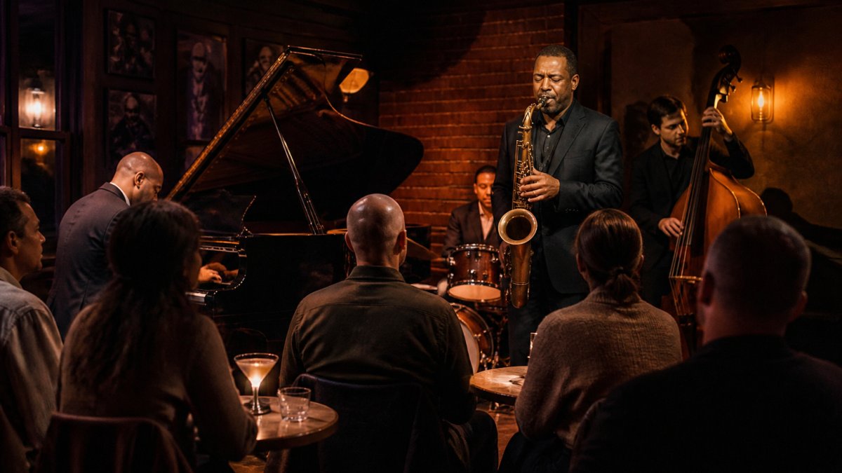 Musicians performing on stage in an intimate jazz club with warm amber lighting, audience members seated at small tables listening intently, saxophonist in focus mid-solo