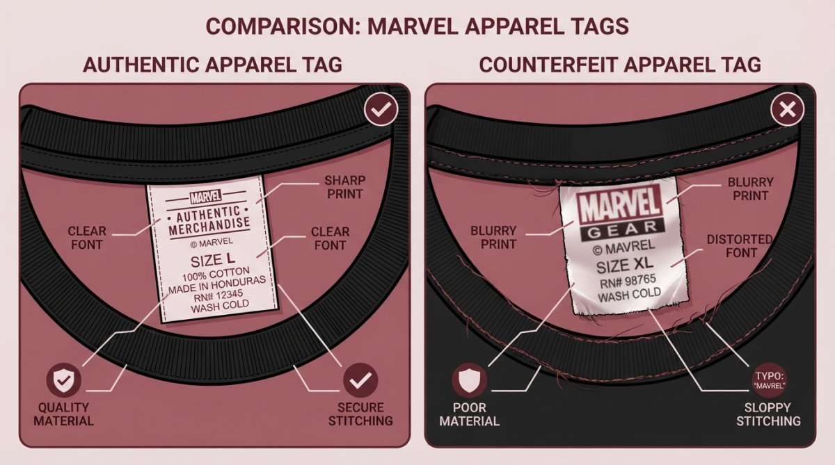 Infographic comparing print quality and stitching on authentic versus counterfeit apparel labels.