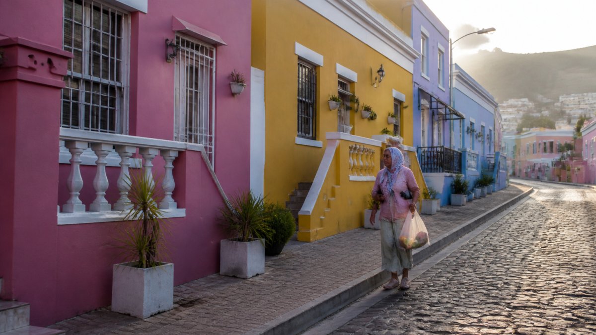 A quiet cobblestone street in Bo-Kaap with brightly painted houses in pink, yellow, and blue, a local resident walking past with groceries, morning light