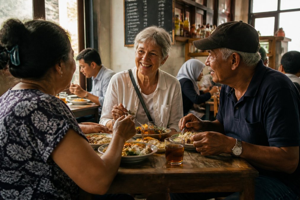 Mature traveller sitting at a small local café table, sharing a meal with local residents, warm afternoon light streaming through narrow windows, casual relaxed atmosphere with worn wooden tables and handwritten menu boards