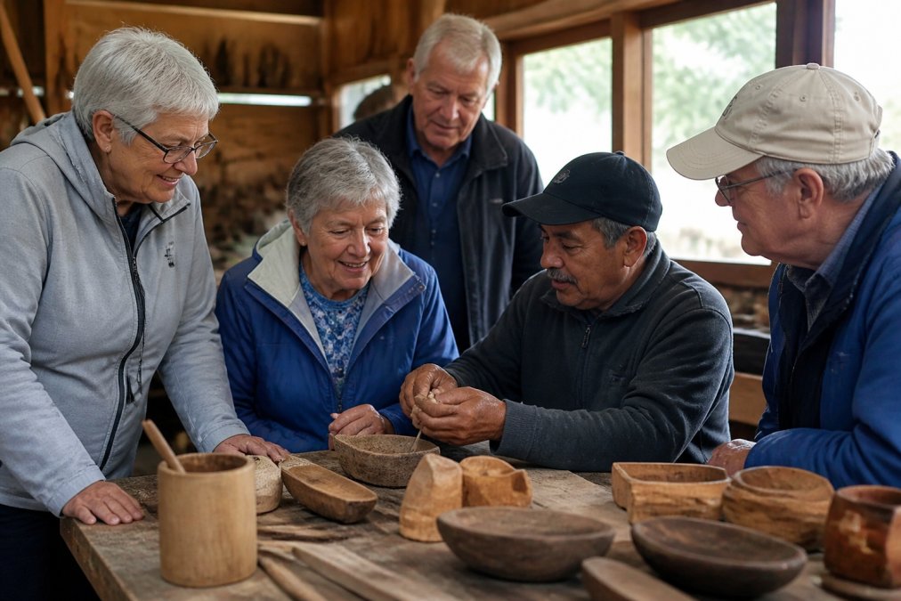 Small group of mature travellers engaged in hands-on activity with local artisans in a workshop setting, wooden crafts or traditional skills being demonstrated, natural light from windows, genuine interaction and focused attention, warm collaborative atmosphere
