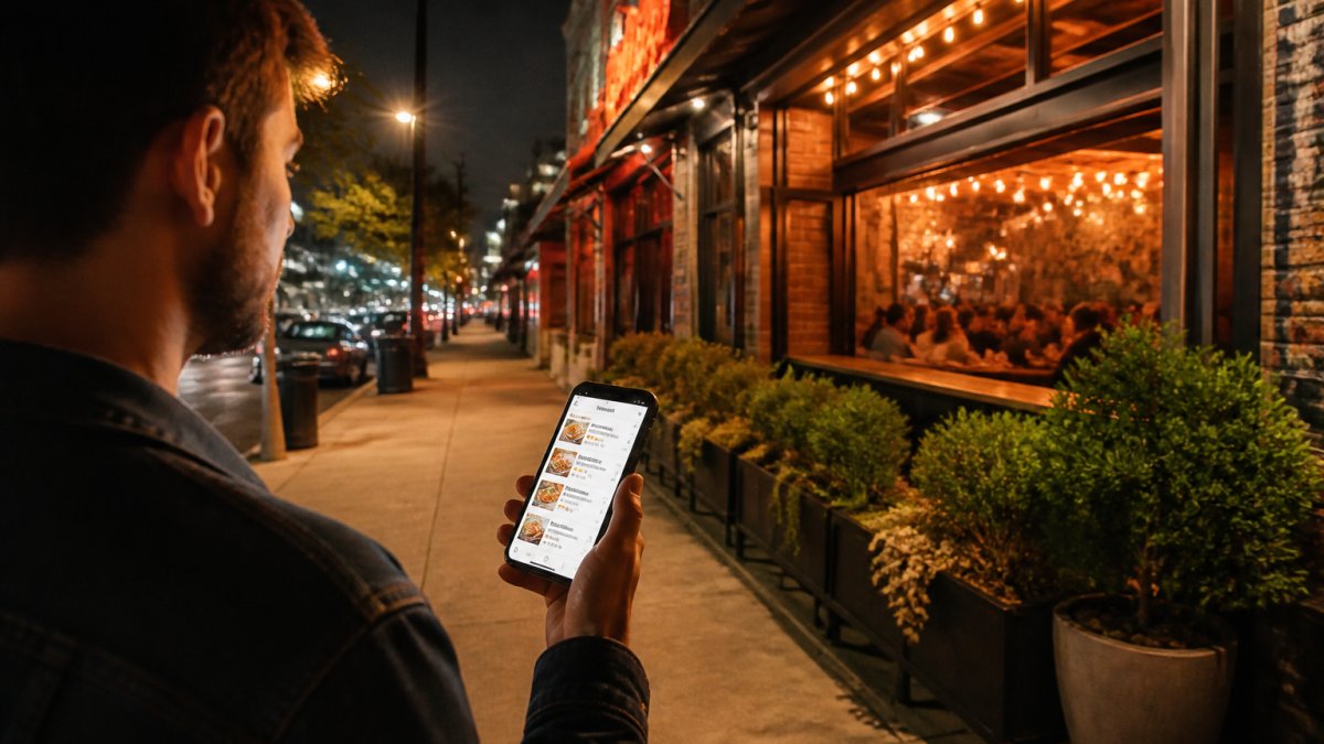 A traveler standing on a city sidewalk at night, holding a phone showing a restaurant listing while a warmly lit barbecue joint glows in the background