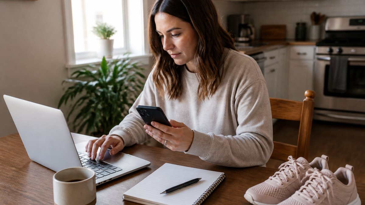 Step-by-step infographic showing a woman comparing online prices for footwear on a laptop and smartphone.