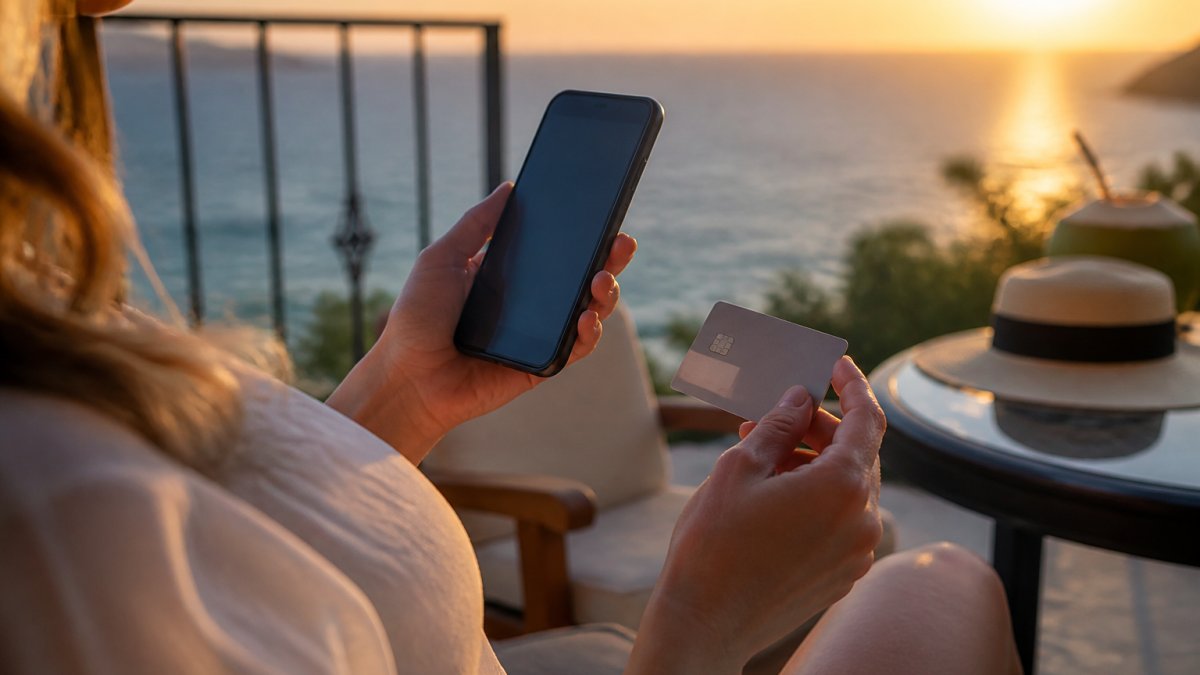 Traveler relaxing on a luxury resort balcony at sunset, enjoying turquoise ocean views and exclusive luxury travel deals.