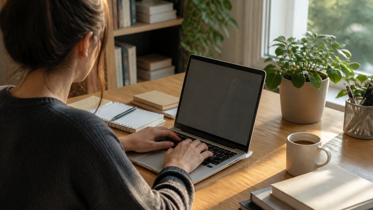 Author typing an email on a laptop to find beta readers with a cup of coffee on a sunlit desk