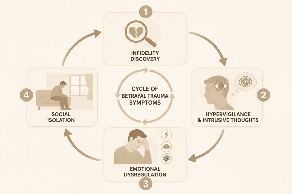 Flowchart showing the progression from infidelity discovery → hypervigilance and intrusive thoughts → emotional dysregulation → social isolation, with arrows indicating the cyclical nature of betrayal trauma symptoms in men