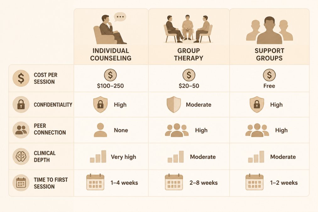 Comparison matrix showing three modalities, Individual Counseling, Group Therapy, Support Groups, evaluated across dimensions: Cost per session ($100-250 vs. $20-50 vs. Free), Confidentiality (High vs. Moderate vs. High), Peer connection (None vs. High vs. High), Clinical depth (Very high vs. Moderate vs. Moderate), Time to first session (1-4 weeks vs. 2-8 weeks vs. 1-2 weeks)