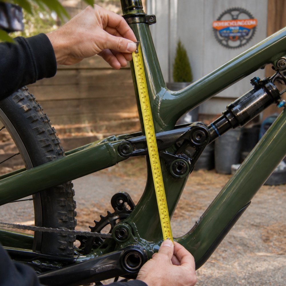 Close-up of hands holding a tape measure against the seat tube of a mountain bike frame, measuring from the center of the bottom bracket upward to the top of the seat tube, with natural outdoor lighting