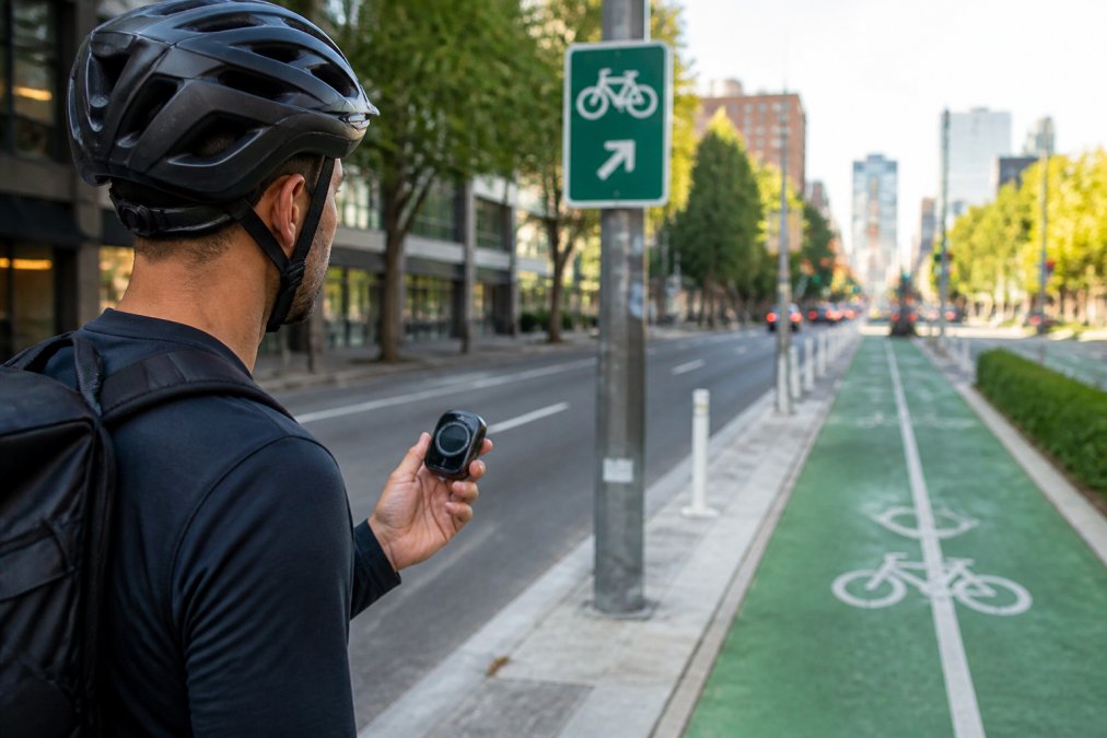 Urban cyclist holding a compact bike navigation device while looking at a city street with protected bike lanes and clear wayfinding signage visible in the background