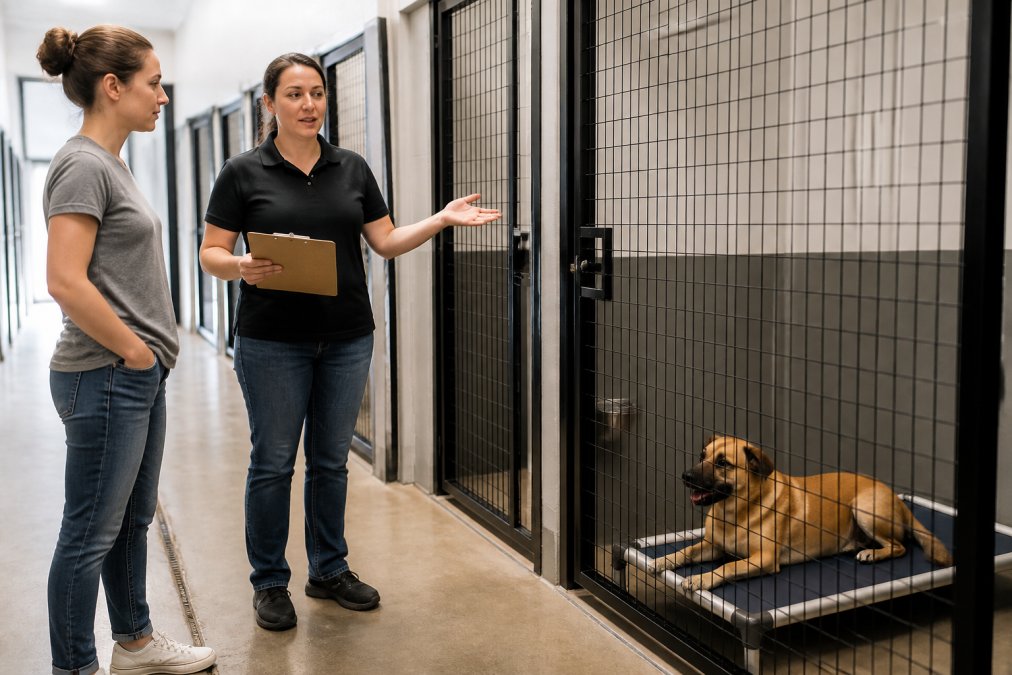A pet owner touring a clean, well-lit boarding facility with a staff member, observing spacious private indoor runs with secure gates and a calm dog resting comfortably inside