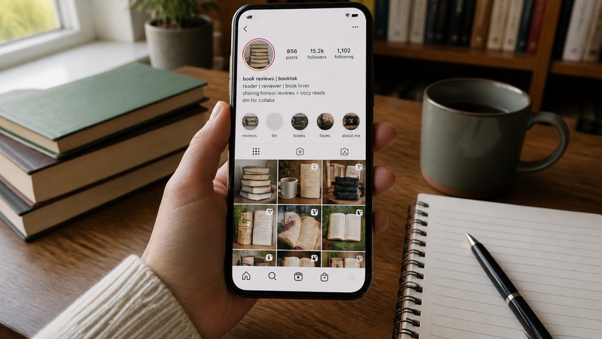 Person holding a smartphone displaying a BookTok or Bookstagram profile with book covers, review posts, and engagement metrics visible on the screen in natural daylight