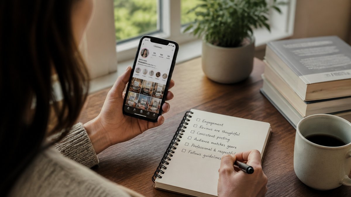 Writer at desk with smartphone displaying an Instagram profile of a book reviewer, notepad with vetting criteria checklist visible beside the phone, natural window lighting