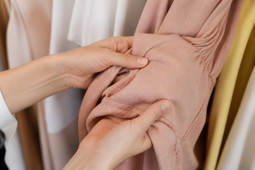 Close-up of hands carefully examining fabric texture and seams on a boutique dress, showing detailed stitching and weave pattern under natural light