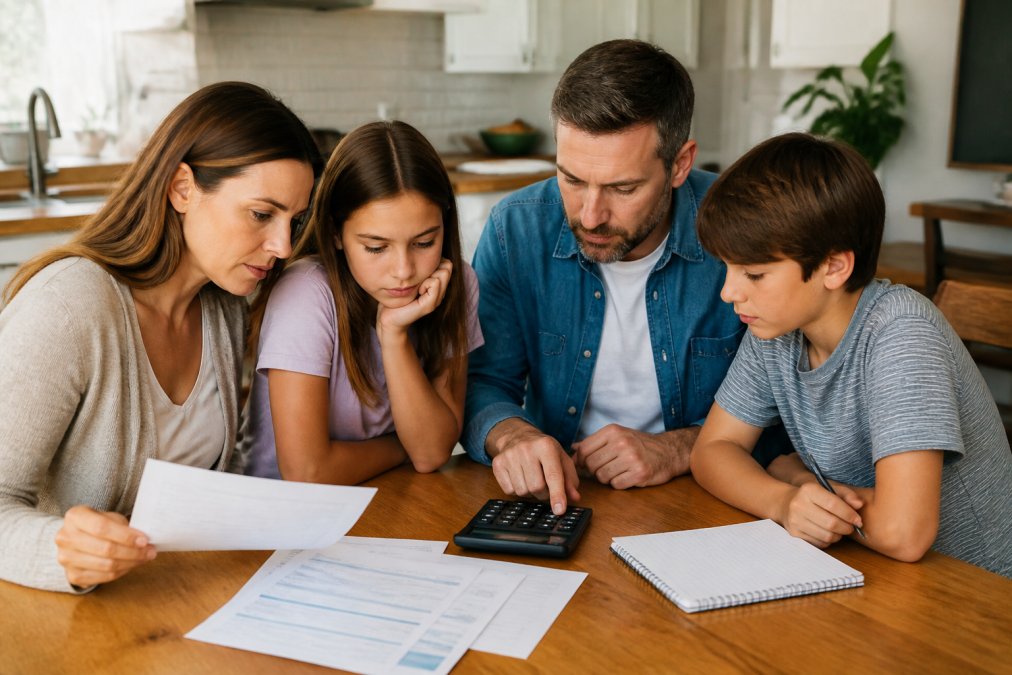 Family at kitchen table with calculator, insurance documents, and notepad working through dental plan costs