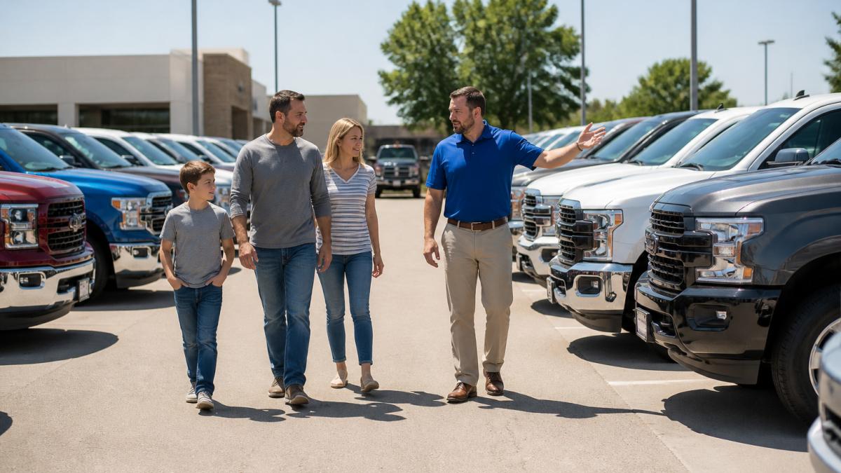 Salesperson showing Ford trucks to a family at one of many car dealerships on a sunny day