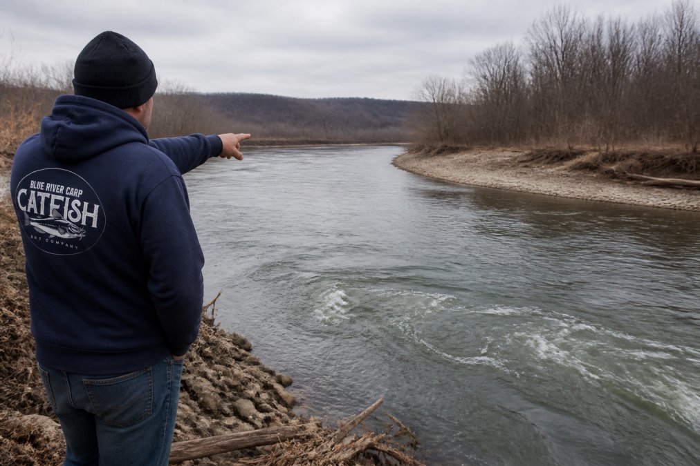 Angler standing on a riverbank pointing toward an outside bend where the current curves, with a visible drop-off and swirling water under overcast light
