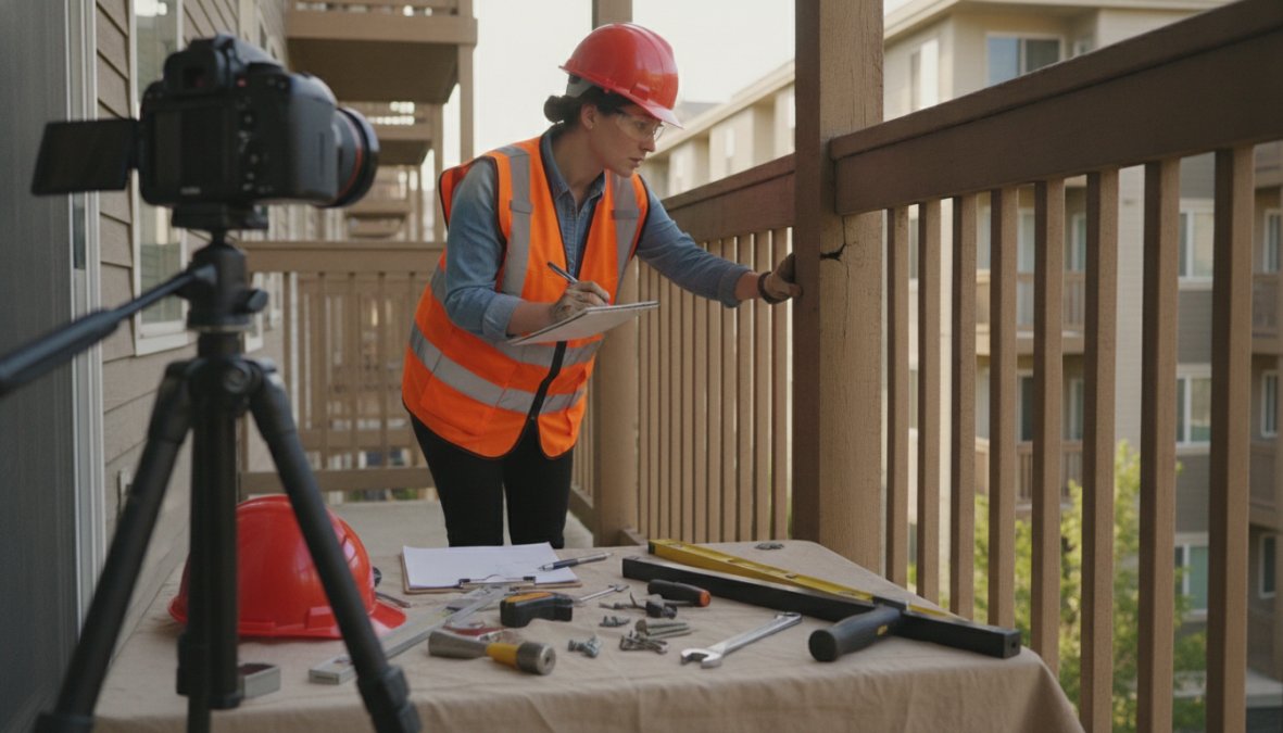 A licensed structural engineer in a hard hat and safety vest carefully inspecting a residential balcony railing, taking notes on a clipboard, with a multifamily apartment building visible in the background under bright afternoon sunlight