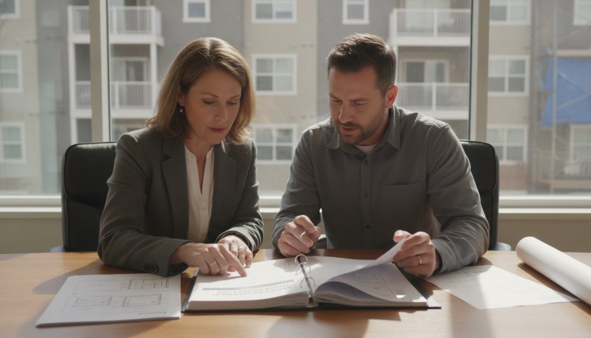 A property manager and contractor sitting at a conference table reviewing a printed balcony inspection report together, with a residential balcony visible through a large window in the background, warm interior lighting