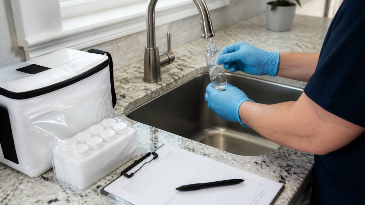 Professional demonstrating water sample collection from kitchen faucet into sterile vial with gloved hands, collection kit and documentation visible on counter in natural lighting