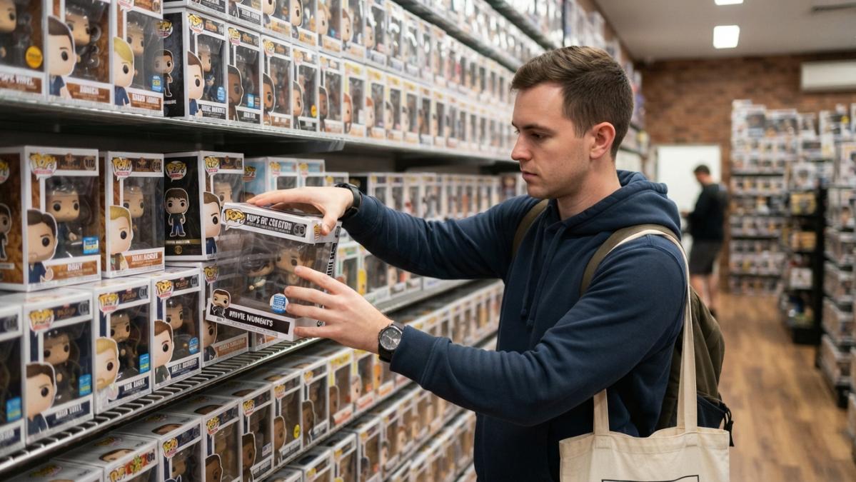 A collector browsing a brightly lit retail shelf stocked with Pop Vinyl boxes, reaching for a figure while checking the box condition