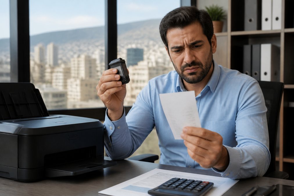 A frustrated office manager in Beirut holding an empty ink cartridge next to a printer, with a receipt in hand showing a high price