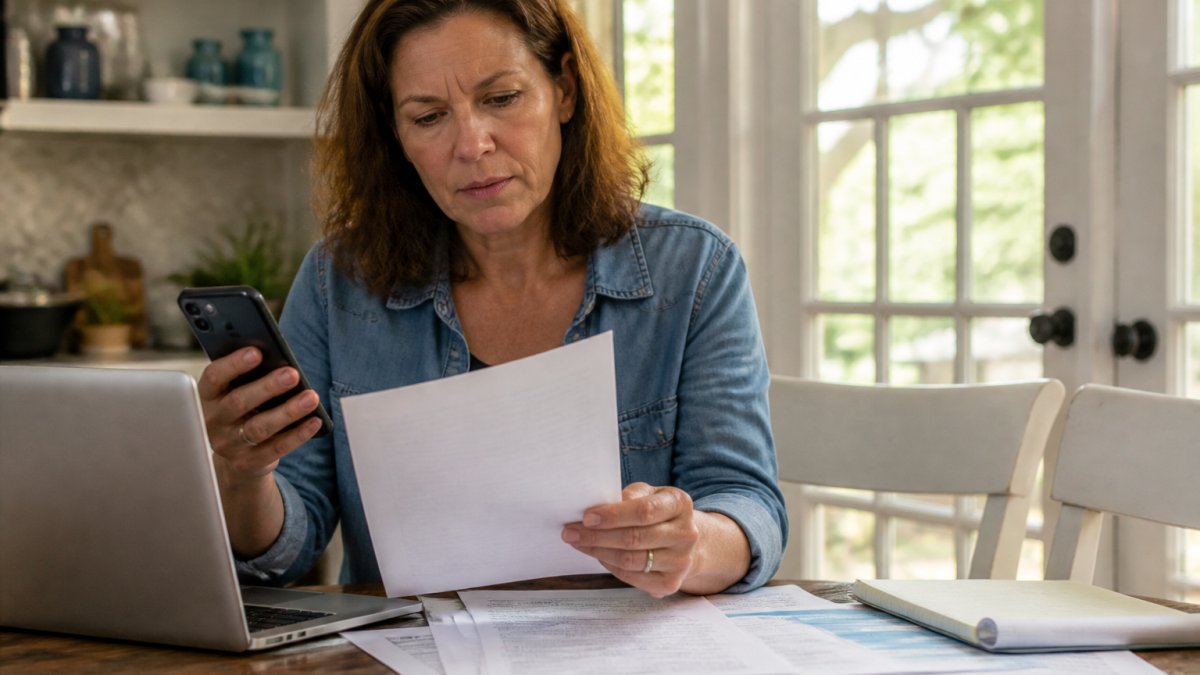 A person at a kitchen table with a laptop and printed plan documents, phone in hand, checking a doctor's name against a provider directory in soft afternoon light
