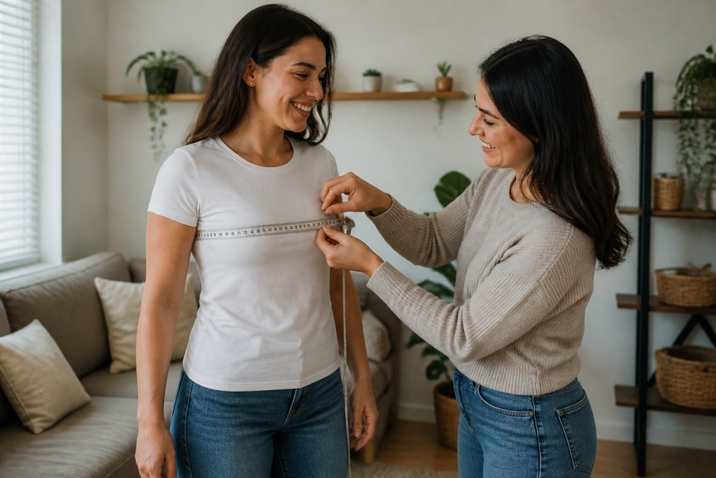 A woman standing with her arms relaxed at her sides in a bright living room while a friend wraps a soft tape measure around her chest, both smiling as they check the measurement
