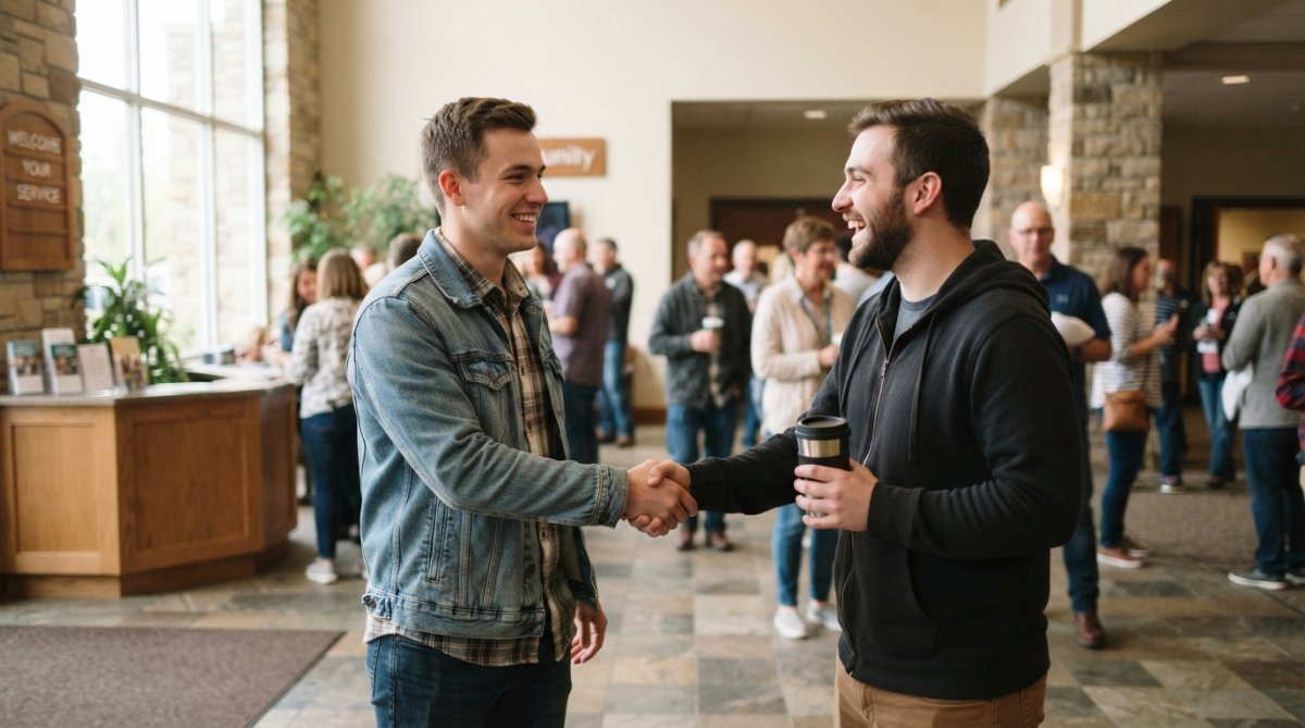A young adult smiling while shaking hands with a new acquaintance in a bright church lobby, natural window light, other people blurred in the background