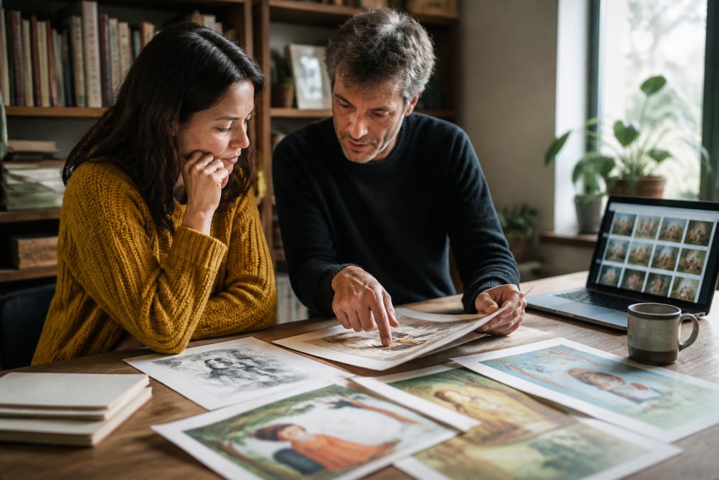 Step-by-step diagram showing how authors and illustrators review portfolio samples in a home studio.