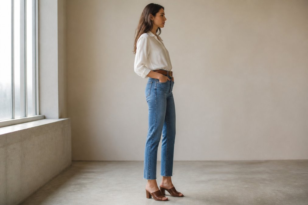 Woman wearing high-rise jeans with a tucked-in blouse, wide belt defining the waist, and cropped length showing ankle, photographed in profile against neutral background with natural window lighting