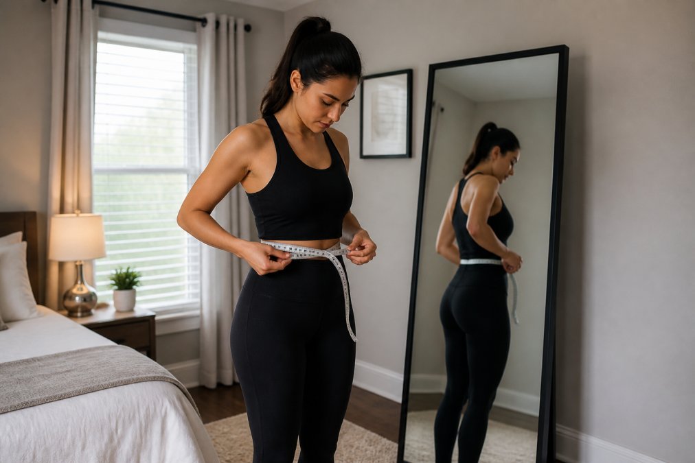 A person standing in front of a full-length mirror in a bright bedroom, holding a soft tape measure around their waist, wearing simple fitted clothing, natural daylight from a window