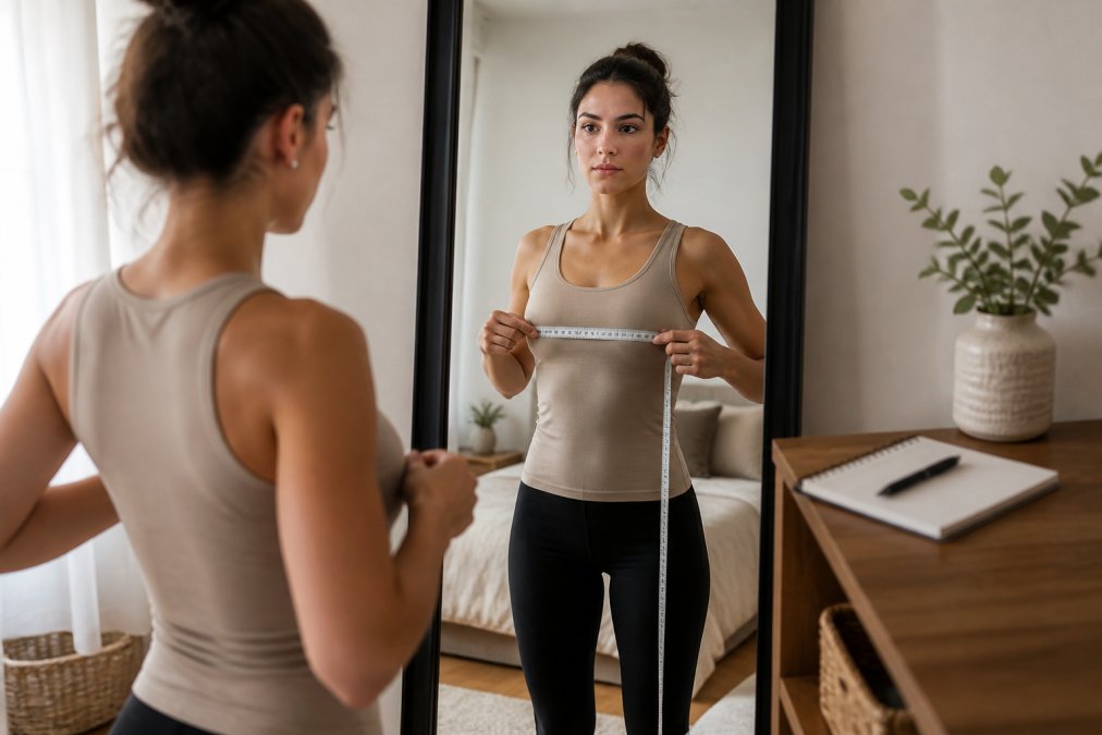Person standing in front of a full-length mirror holding a soft measuring tape across their chest, wearing a fitted neutral-colored tank top, with a small notepad and pen resting on a nearby wooden shelf in a well-lit bedroom