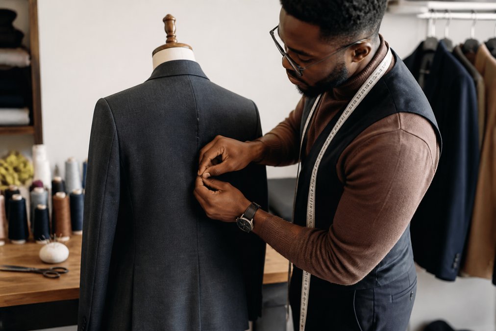 A tailor in a well-lit alterations shop carefully pinning the back seam of a charcoal blazer on a dress form, with spools of thread, a pin cushion, and fabric scissors arranged neatly on a wooden workbench behind them
