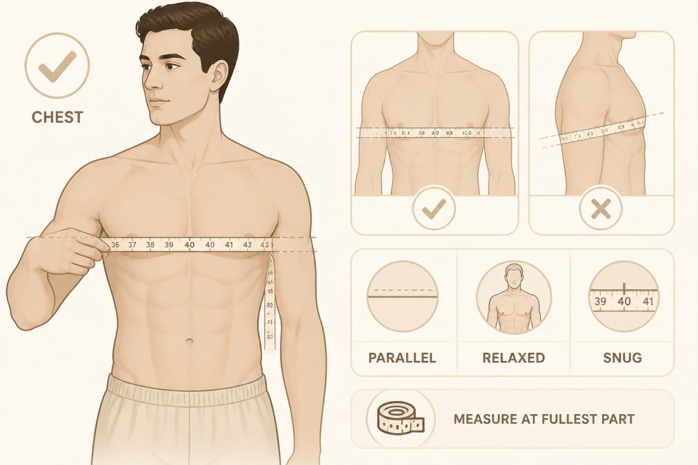 Person using a soft measuring tape to measure chest circumference, showing proper tape placement parallel to the ground and relaxed posture for accurate body measurements