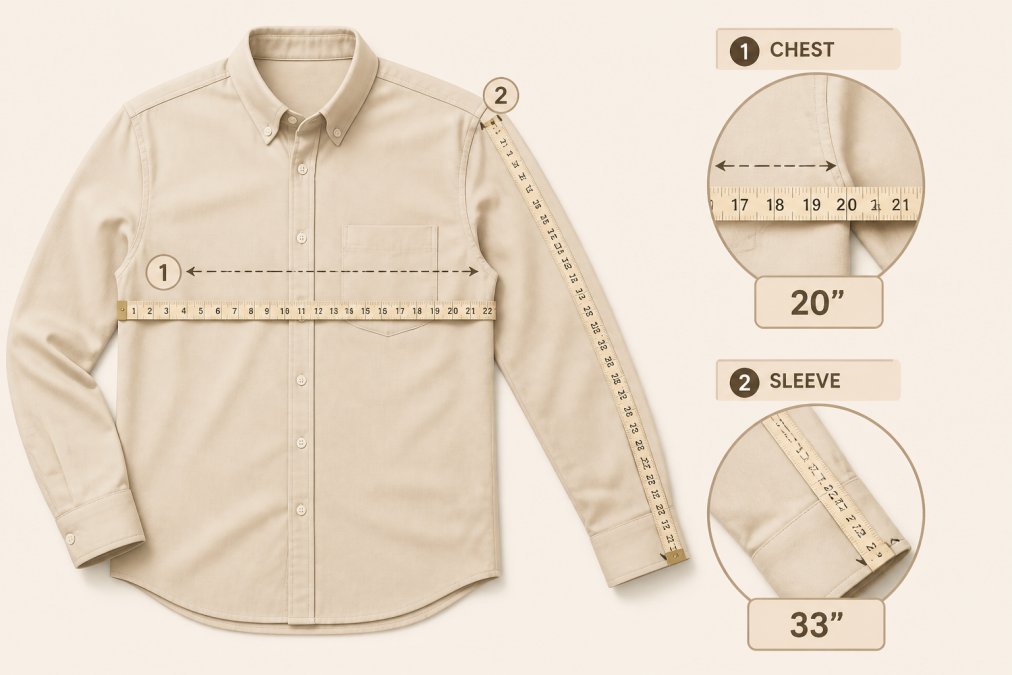 Flat lay of a well-fitting button-up shirt laid out on a neutral surface with a soft measuring tape showing key garment dimensions including chest width at the widest point and sleeve length from shoulder seam to cuff