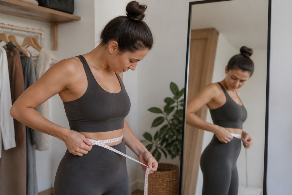 Woman standing in front of a full-length mirror wearing fitted clothing, using a soft measuring tape around her waist to demonstrate proper measurement technique, with natural indoor lighting