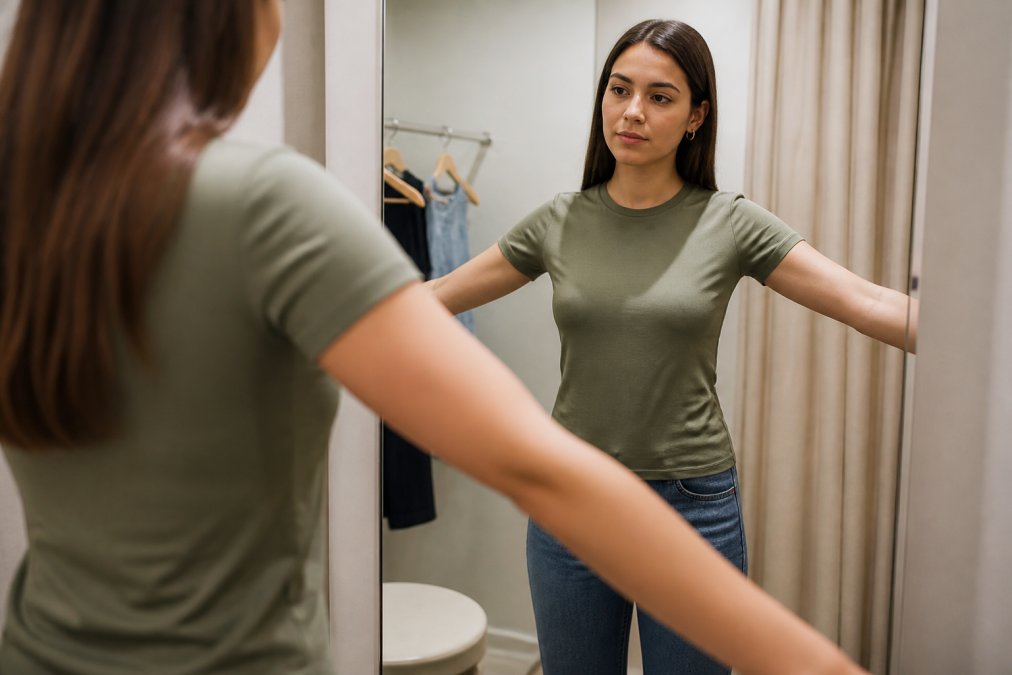 Woman in a bright fitting room examining how the shoulder seam aligns with her shoulder bone in a mirror, with her arms slightly raised to check sleeve length and armhole fit