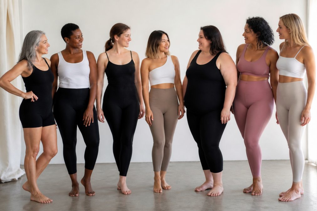 Diverse women with different body shapes wearing fitted clothing in a studio setting