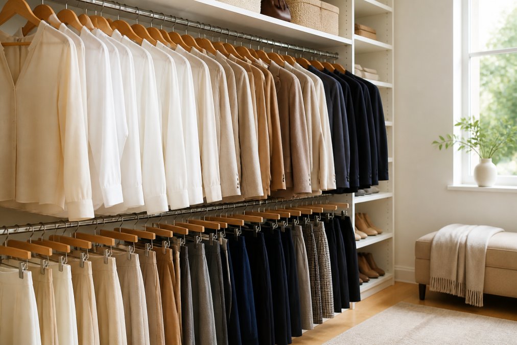A neatly organized closet with a curated selection of neutral-toned blouses, tailored trousers, A-line skirts, and structured blazers arranged by color on matching wooden hangers, in a bright, airy room with natural light