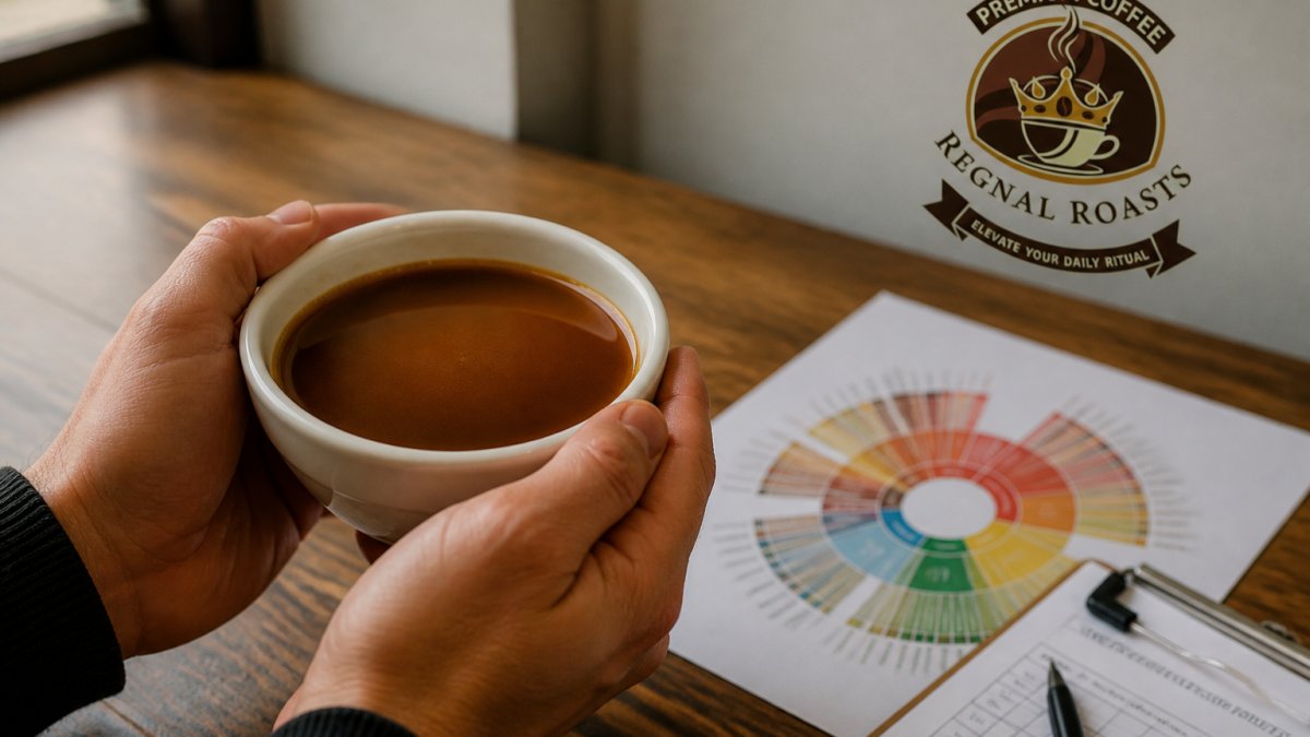 Close-up of hands holding a white ceramic cupping bowl with medium-brown brewed coffee, with a printed coffee flavor wheel and tasting notes sheet visible on a wooden table beside the bowl, natural window lighting