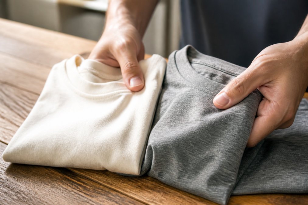 Close-up of hands holding and feeling two folded t-shirts on a wooden table, one plain cotton and one cotton-blend, soft natural light highlighting the fabric texture