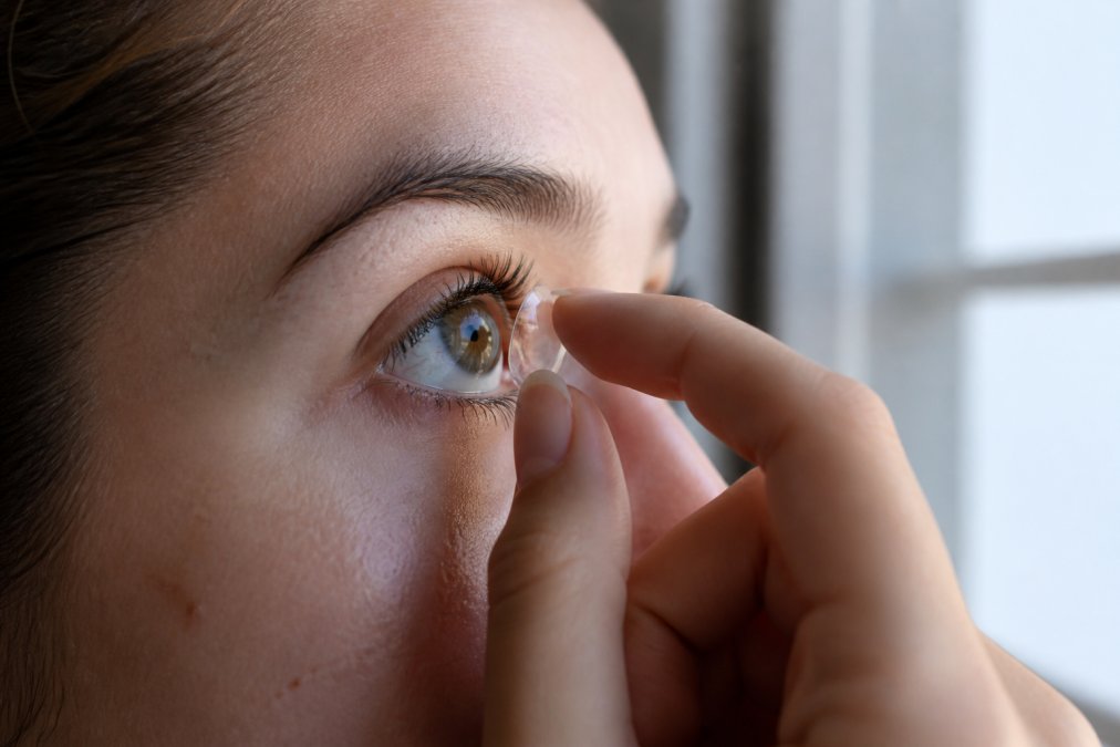 Close-up of a person's hand gently removing a contact lens from their eye, with natural window lighting illuminating the eye and lens interaction